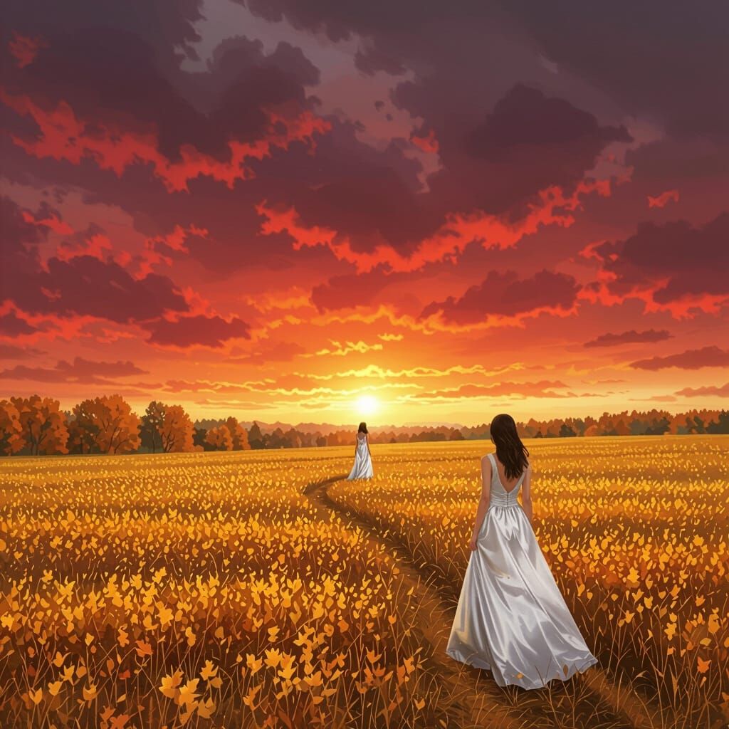 Lone Woman in Silvery Dress Amidst Ominous Sunset