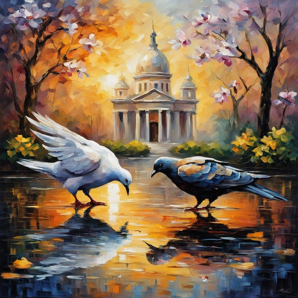 Doves and Ravens in Impressionist Temple Reflections