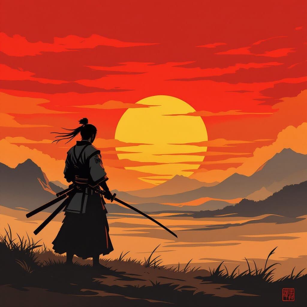 Samurai Warrior at Fiery Sunset in Ukiyo-e Style