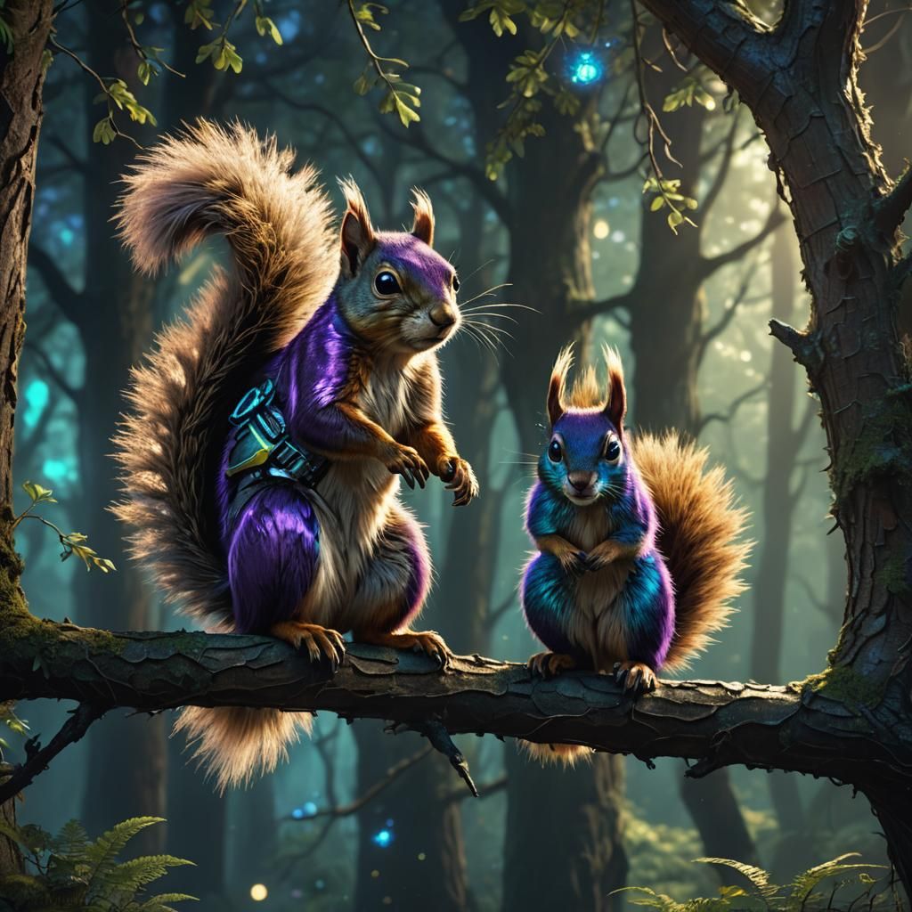 Futuristic Squirrel in Mystical Forest: Digital Art
