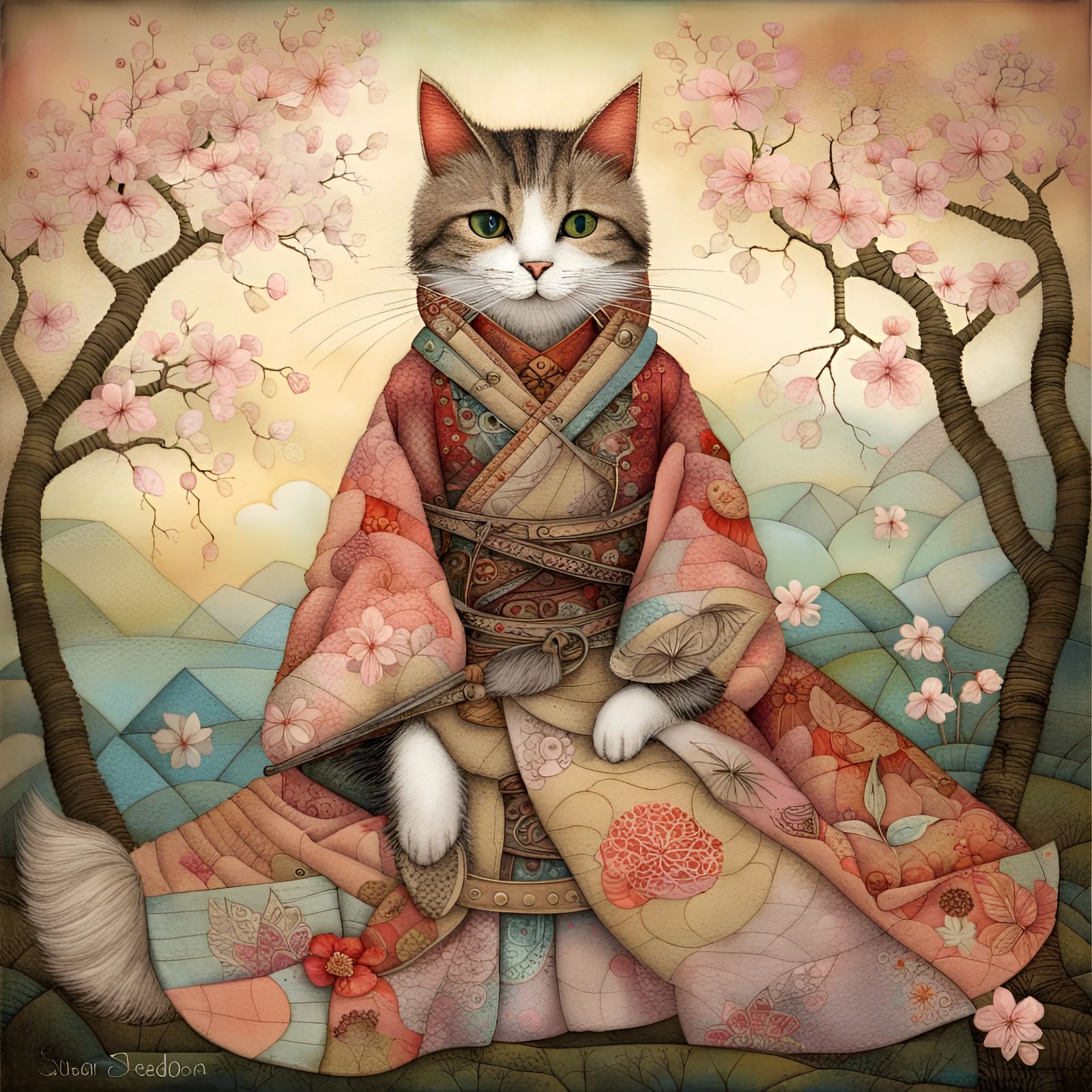 Pirate Cat in Kimono with Cherry Blossoms