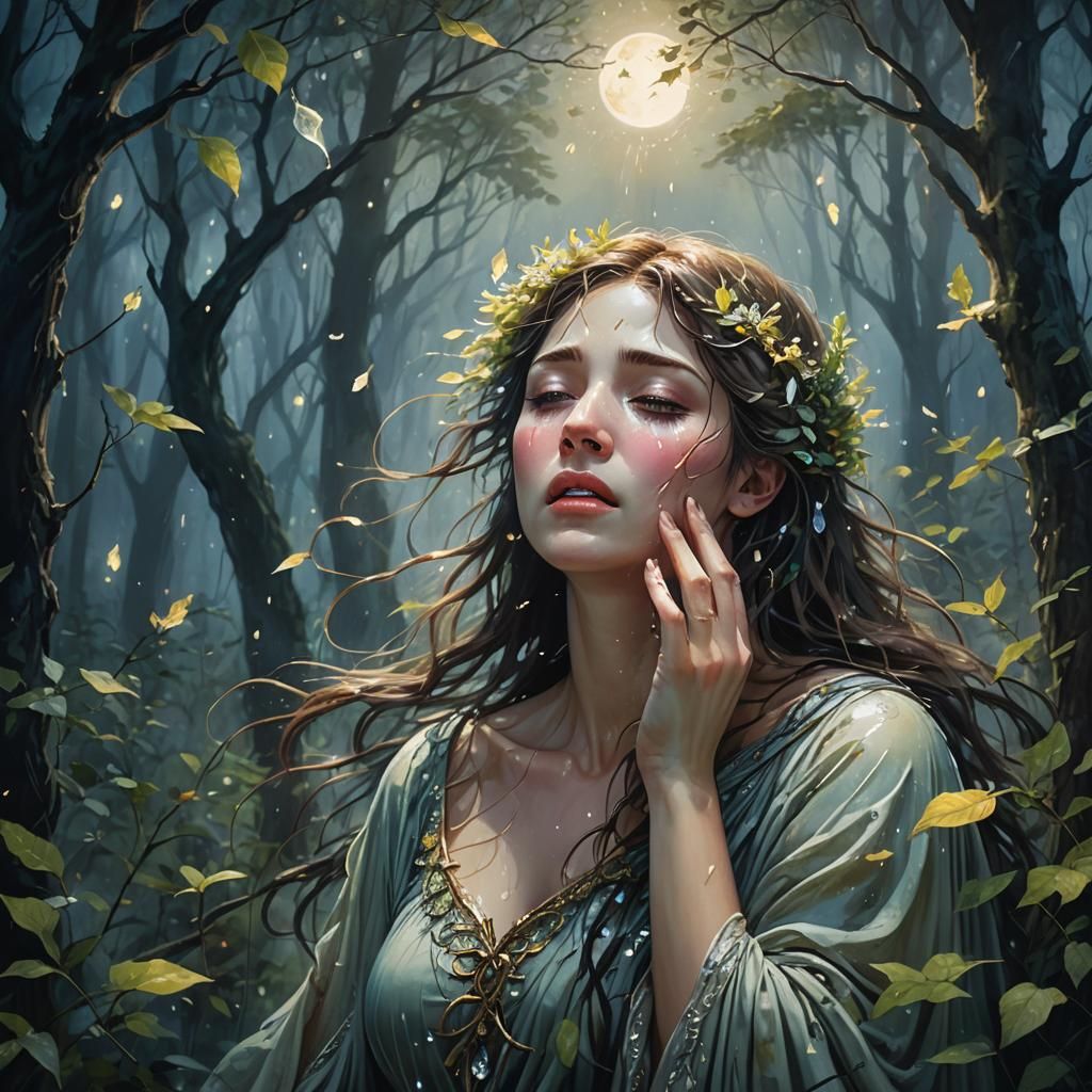 Goddess of Nature Crying in Moonlit Forest