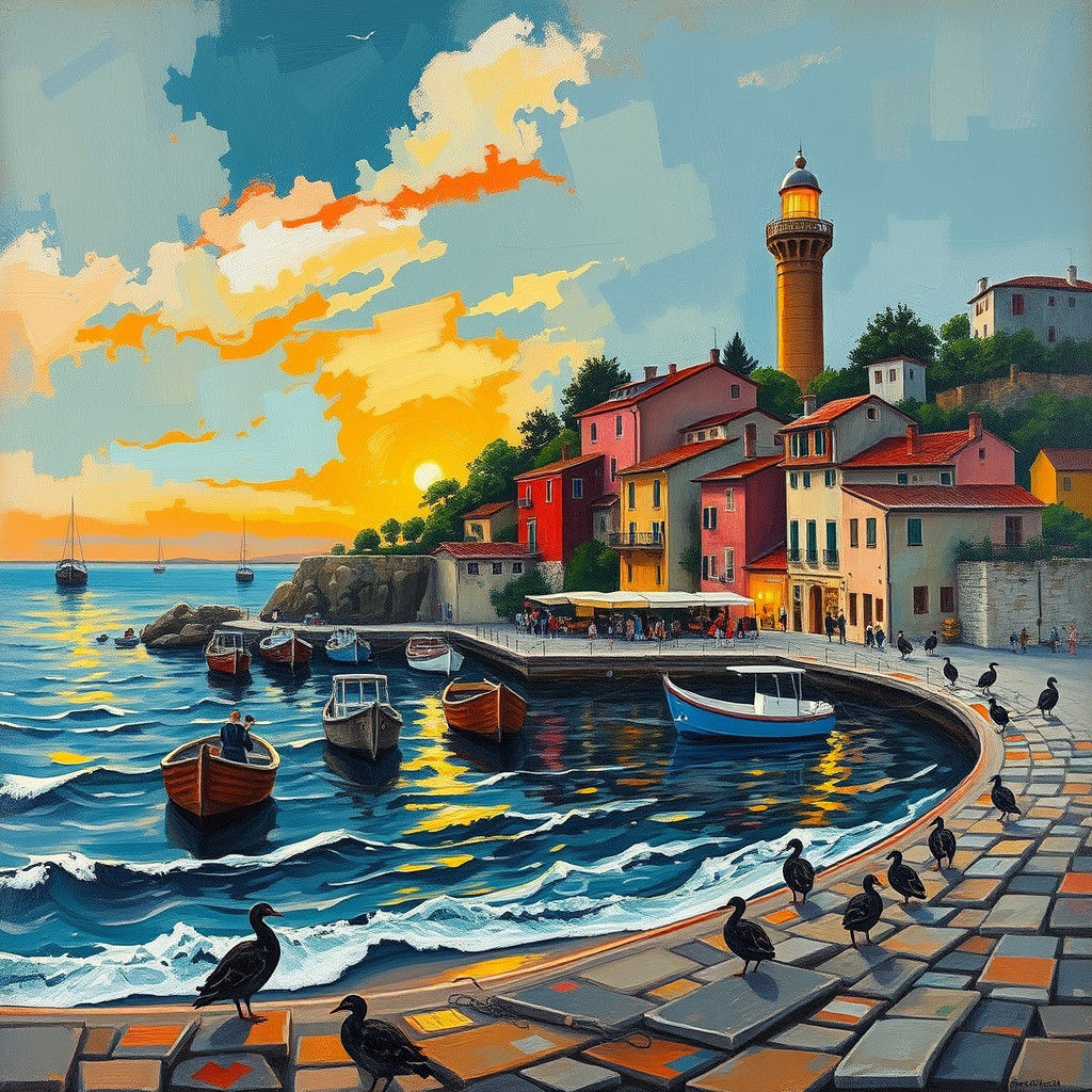 Italian Seaside Village Sunset in Abstract Expressionist Sty...