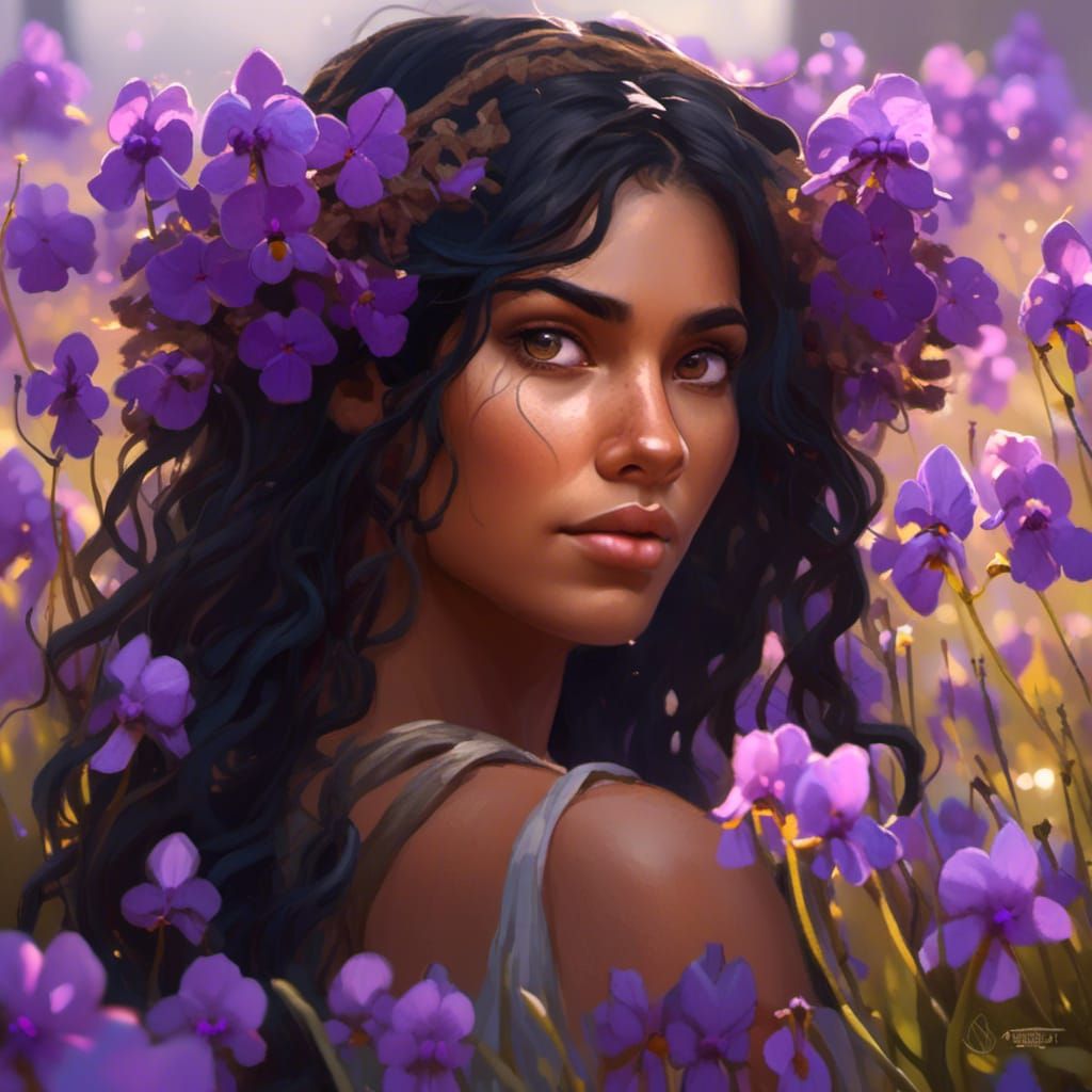 Hyperrealistic Portrait of Woman in Violet Field