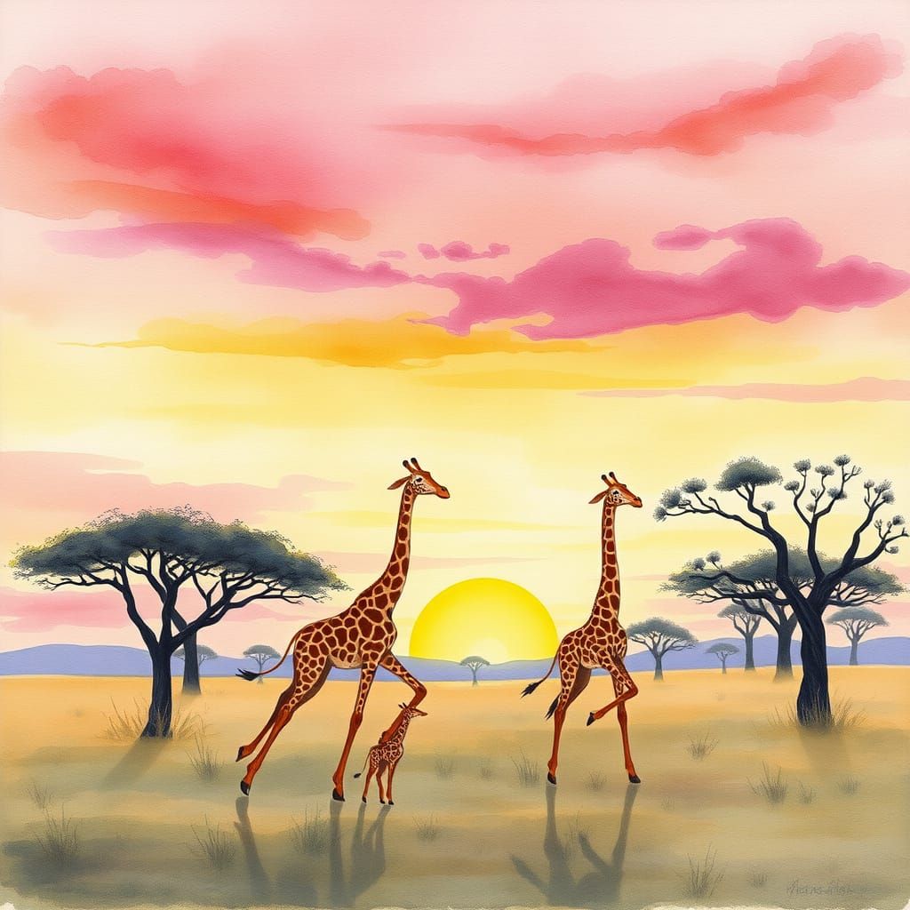 Whimsical Watercolor Giraffes on Dreamlike Savanna at Sunset