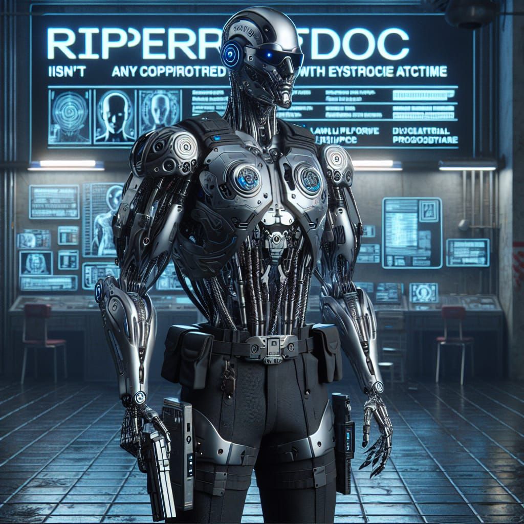 Cyberpunk Cyborg Ripperdoc in Dystopian Workshop