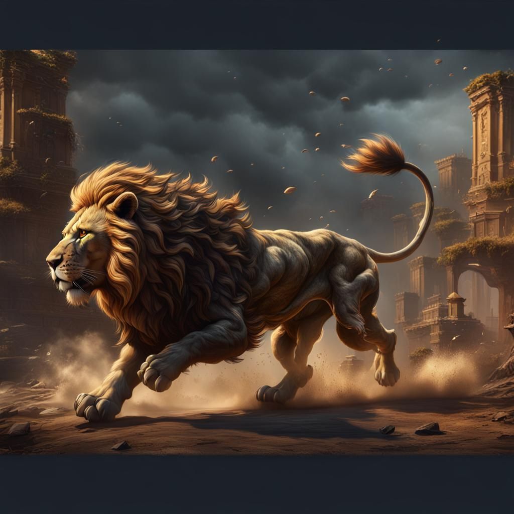 Majestic Lion Running: Detailed Matte Painting