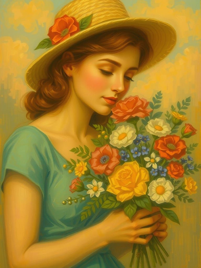 Nostalgic Portrait of Woman Smelling Flowers
