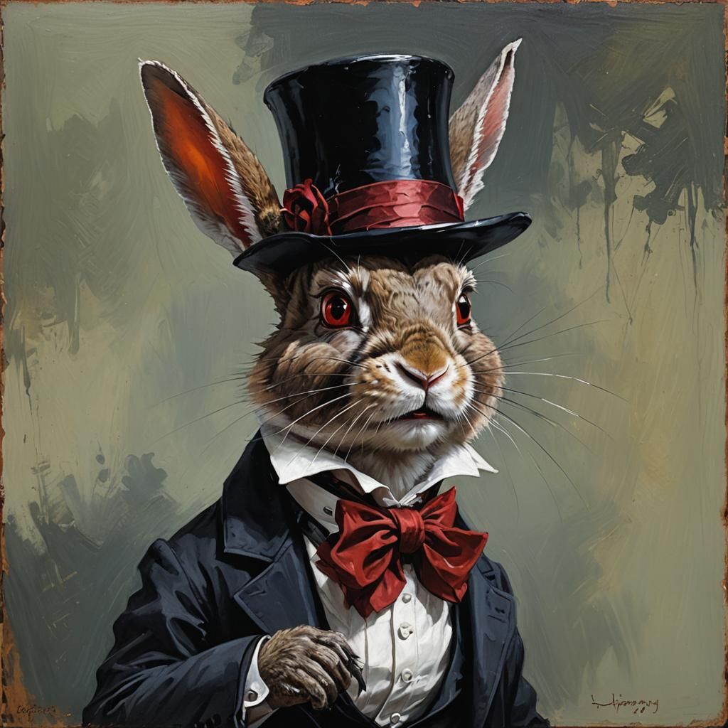 Vampire Rabbit in Top Hat, Oil Painting