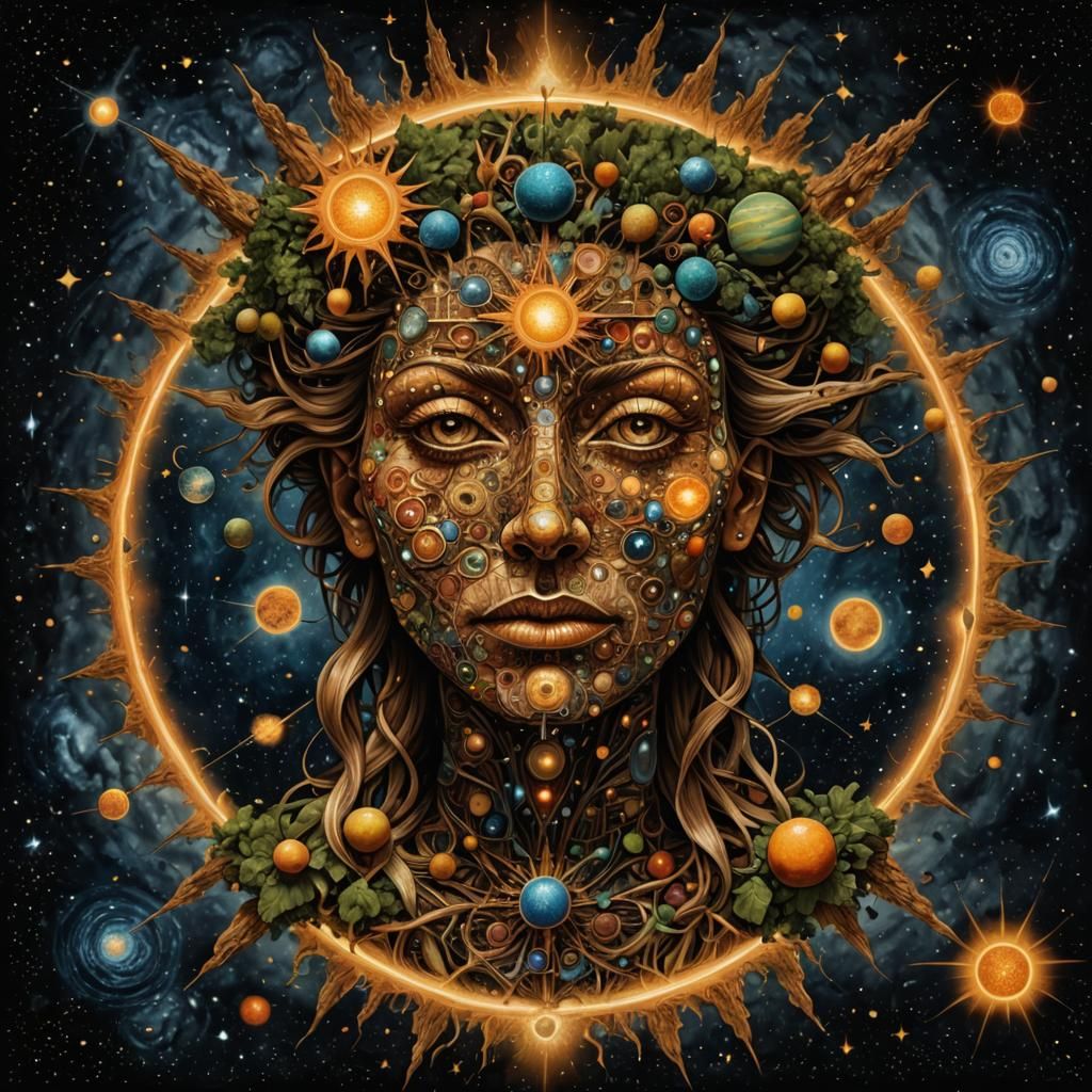 Cosmic Face Optical Illusion in Arcimboldo Style