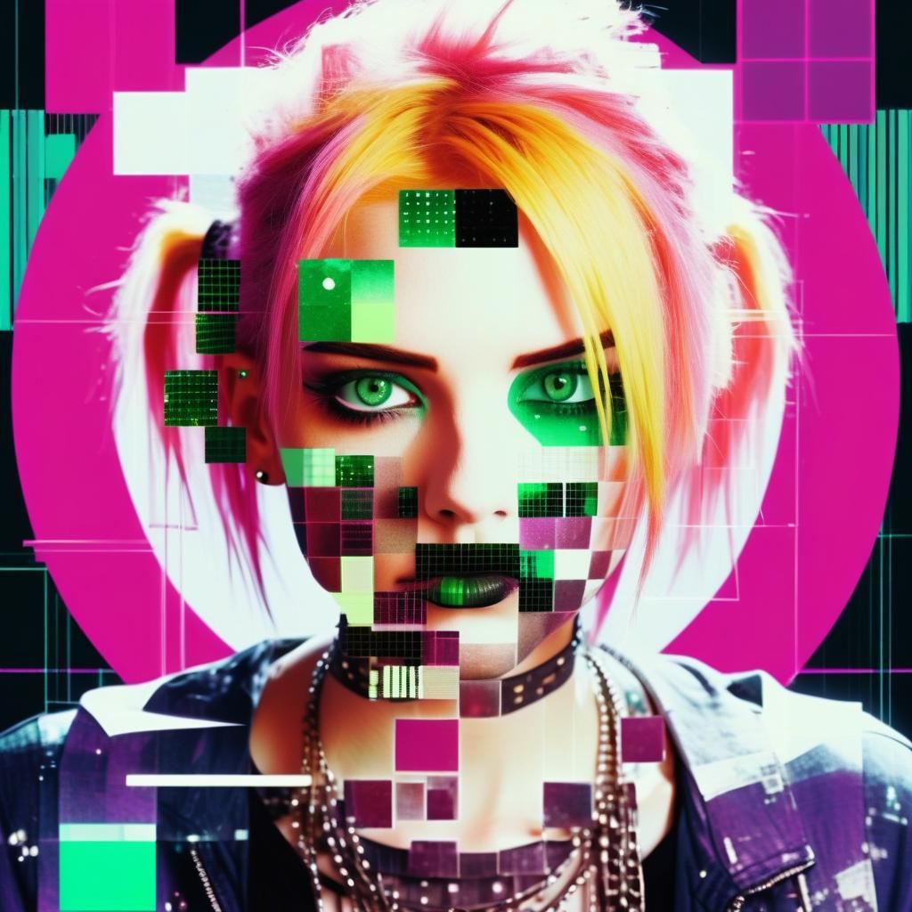 Glitched Punk Goth Woman with Emerald Eyes