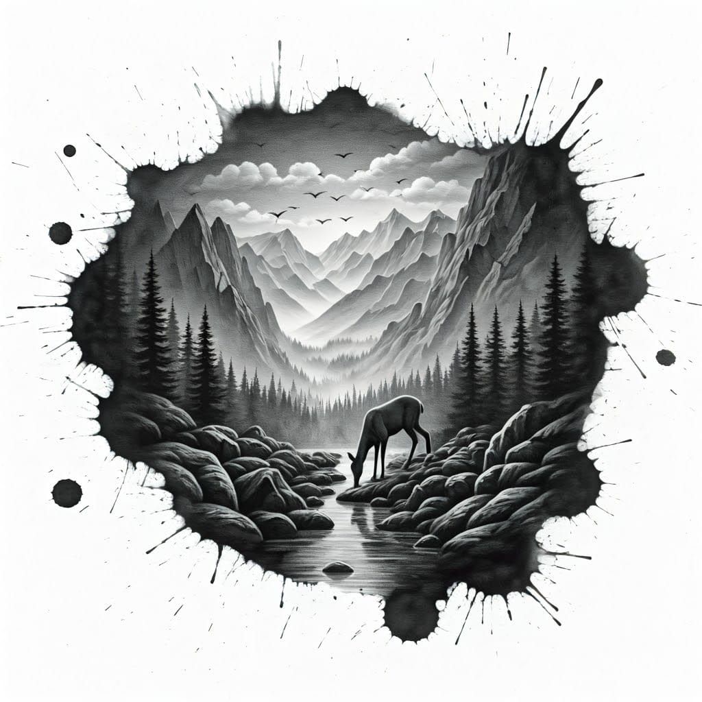 Ink Blot Landscape: Mountains, Stream, and Deer