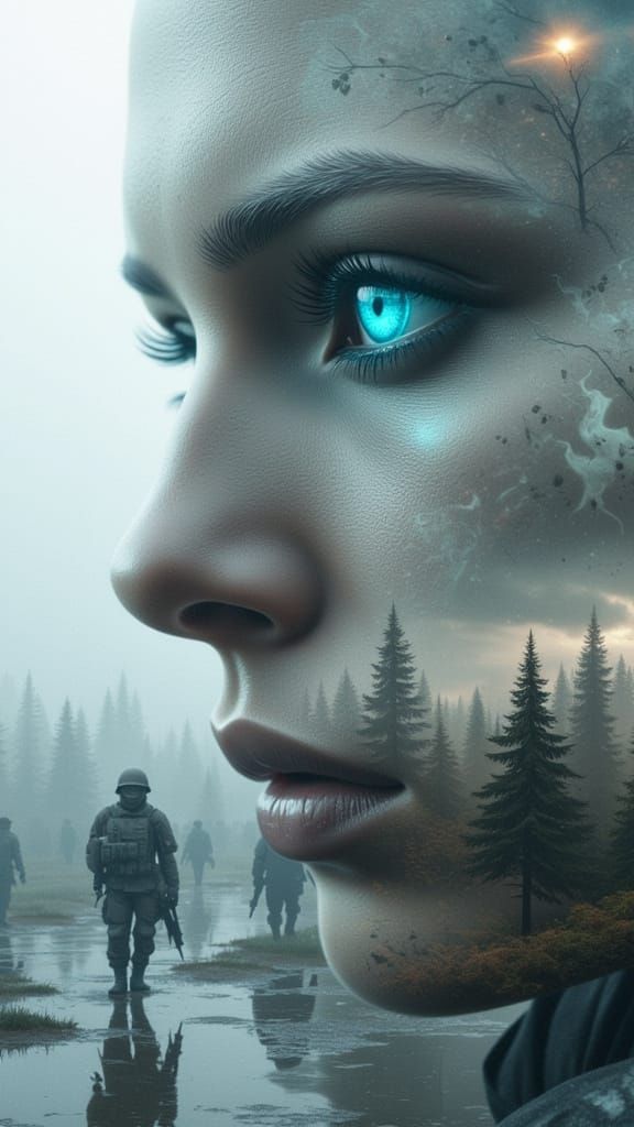 Double Exposure Art: Face Merged with Soldiers in Mist