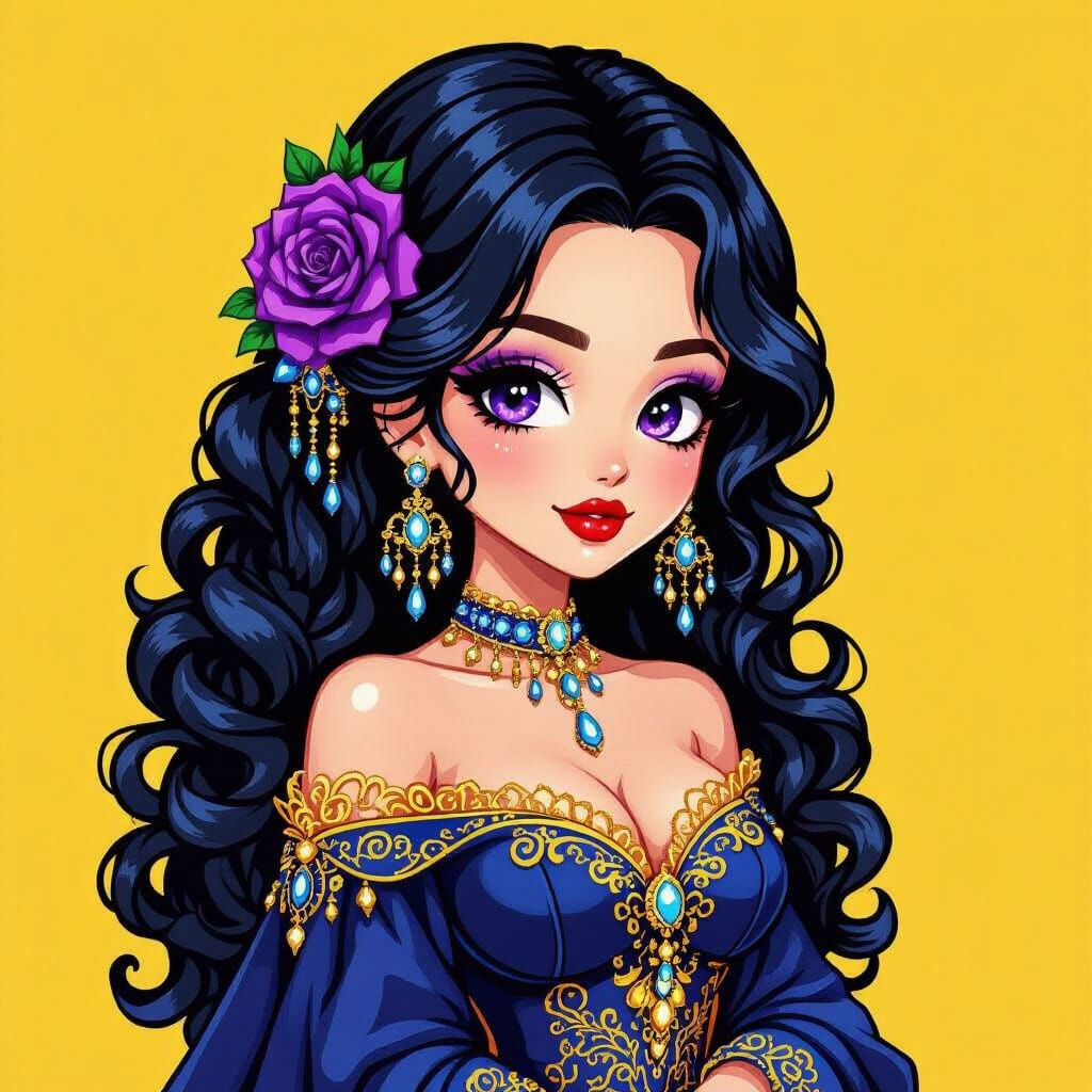 Chibi Woman in Ornate Gown with Dark Curls
