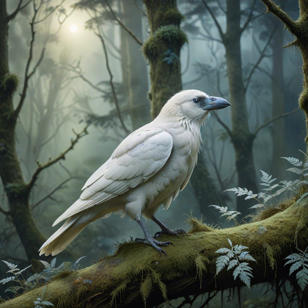 Mystical White Raven Perched in a Misty Forest