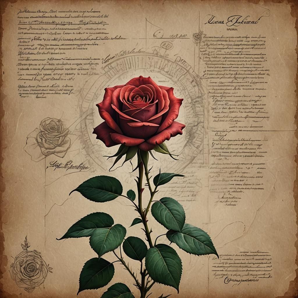 Elegant Red Rose Pencil Sketch on Old Paper