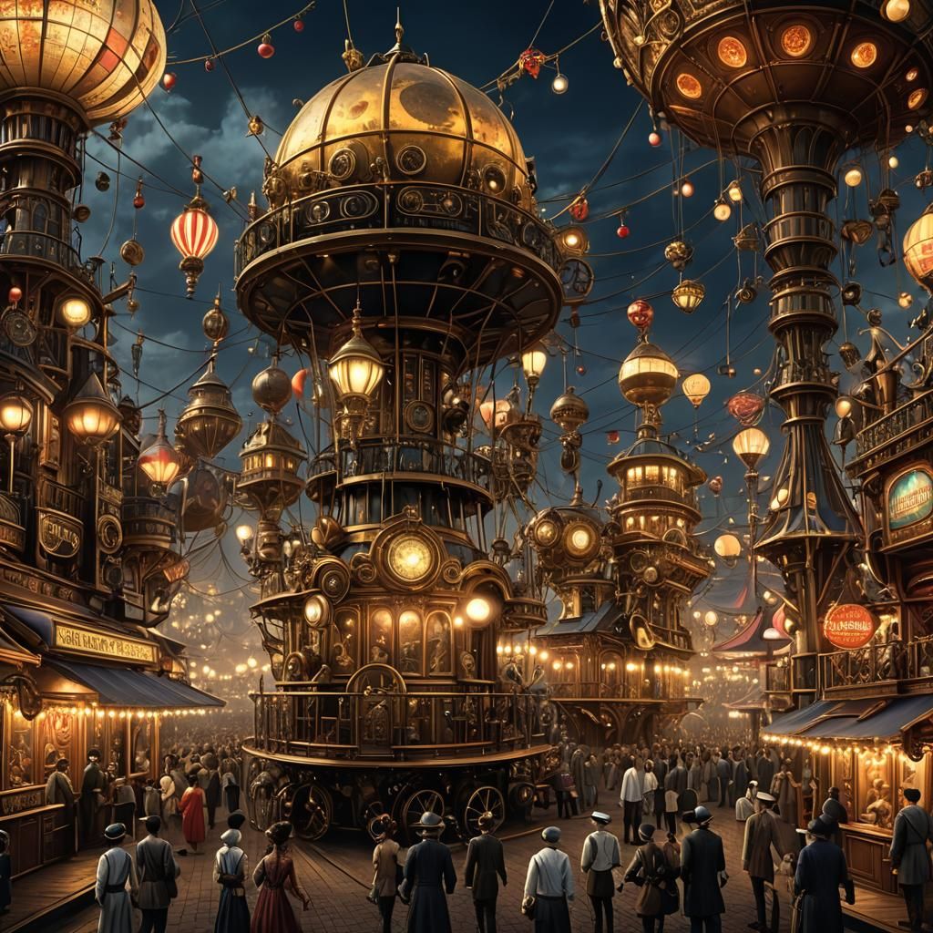 Steampunk Carnival at Night in Dark Fantasy Style