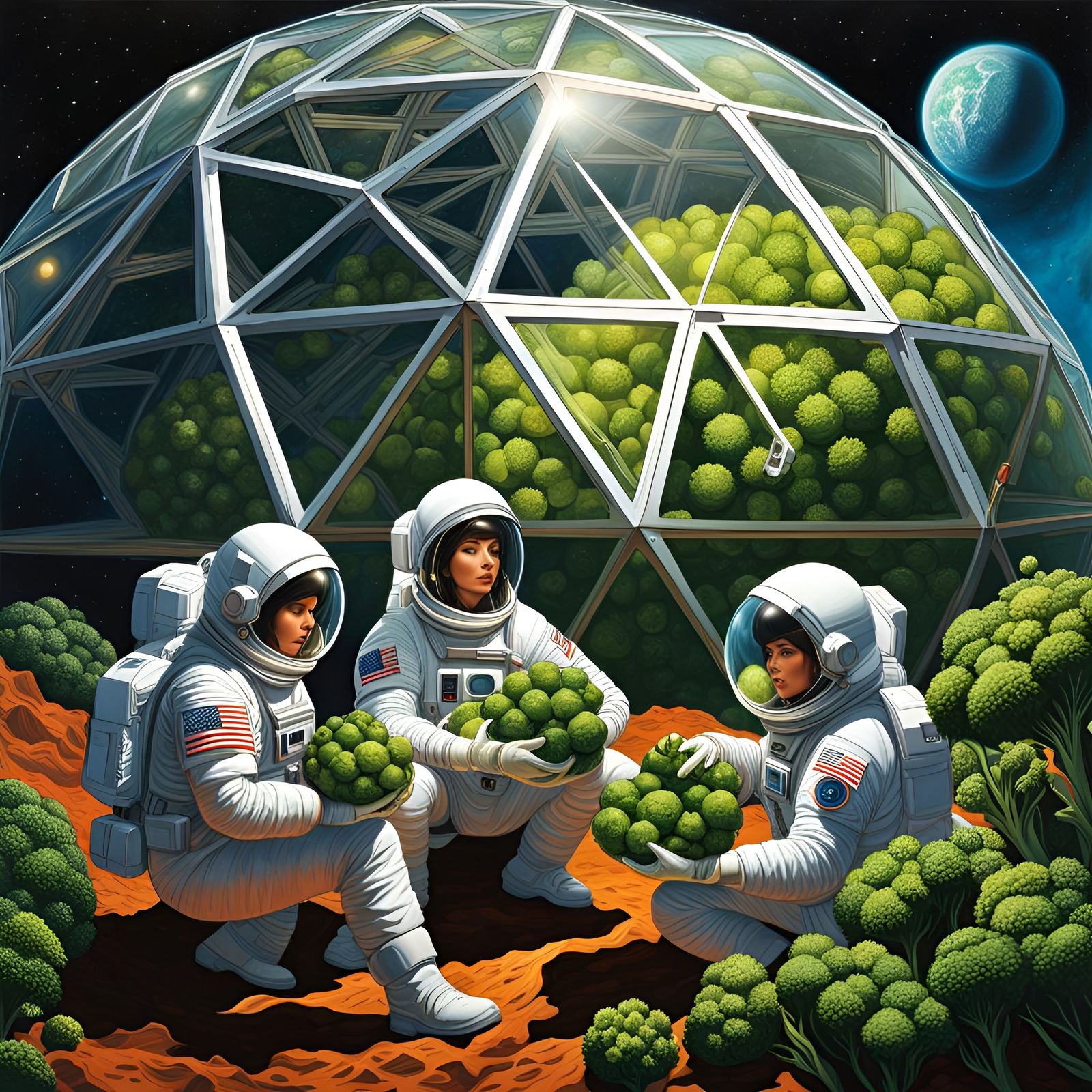 Women in Spacesuits Growing Broccoli on the Moon