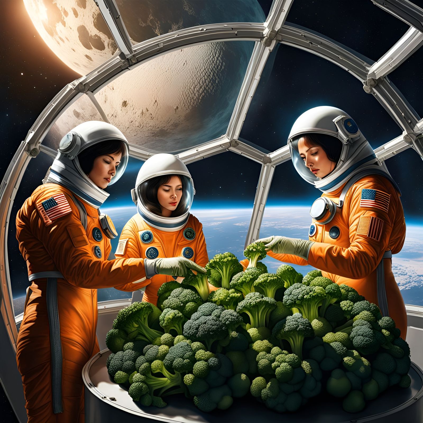 Broccoli Farmers on the Moon in Spacesuits