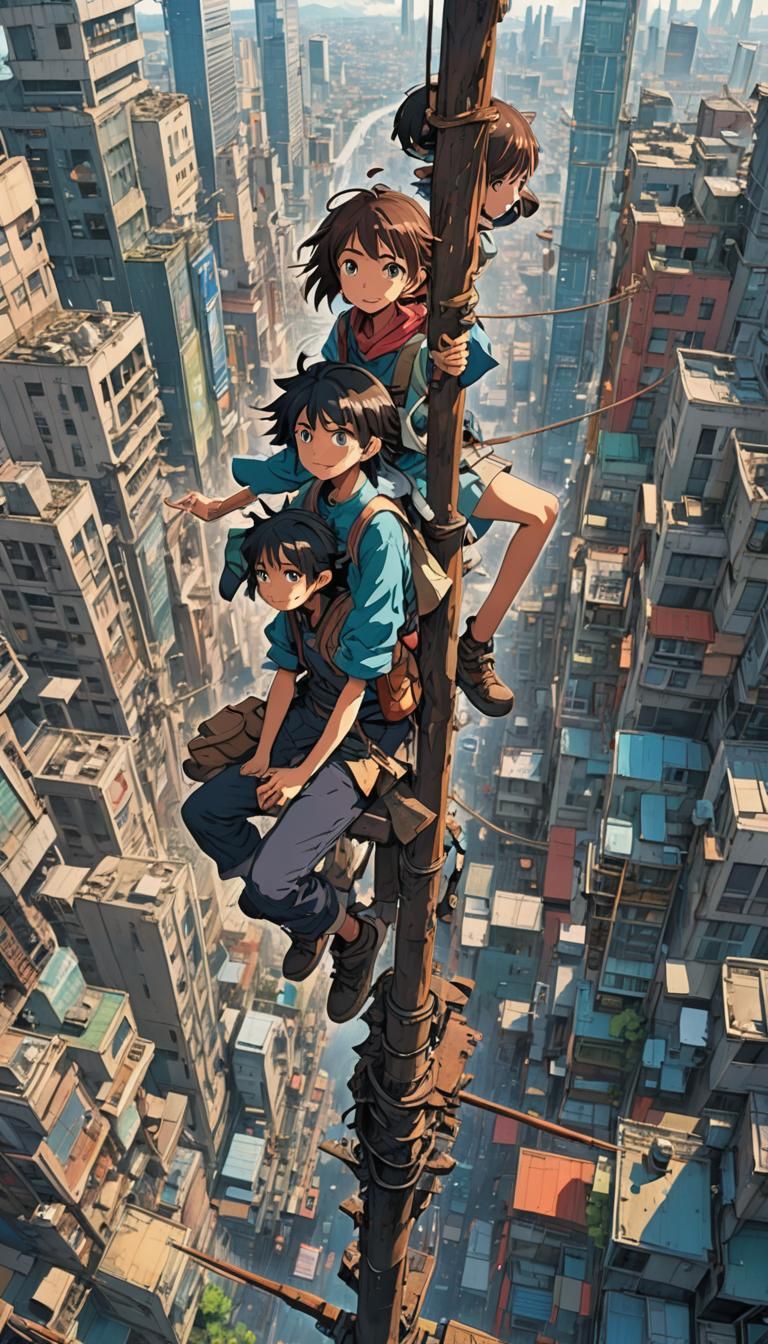 Malay Children Above City in Manga and Anime Style