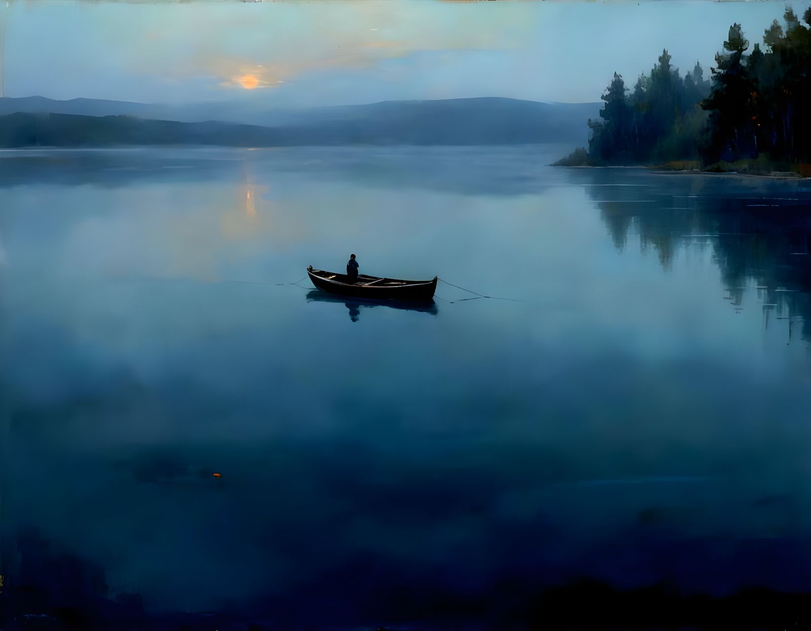 Boat on Misty Lake at Dawn as Oil Painting