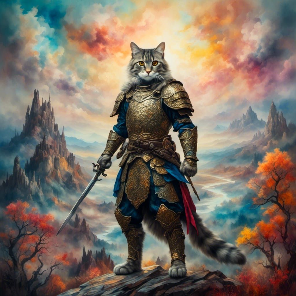 Cat Warrior in Dreamlike Landscape as Oil Painting