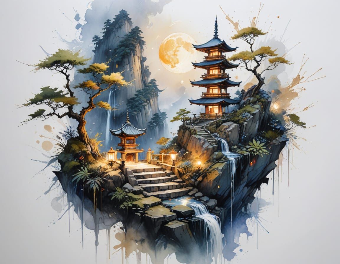 Pagoda on Cliffside Under Glowing Moon in Painterly Style