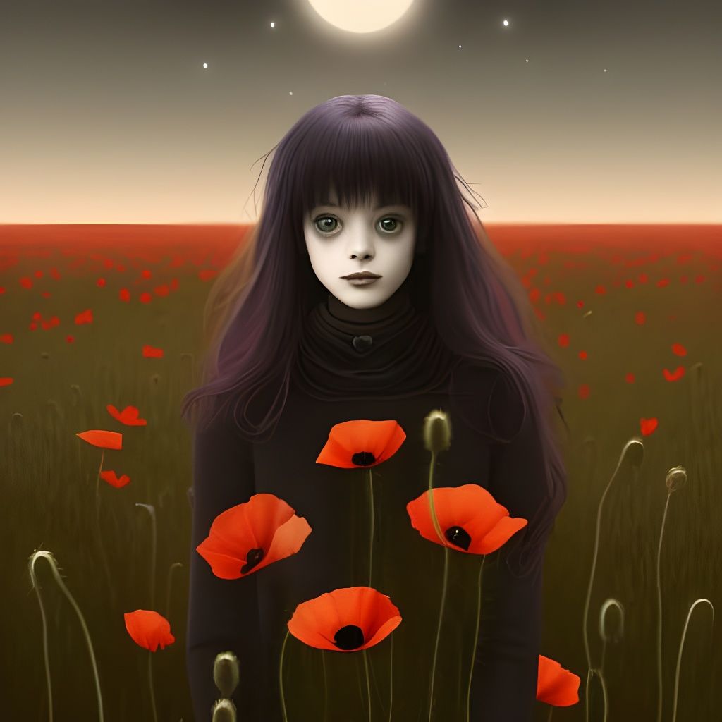Blood Moon Poppy Field Portrait, Dark Art Style