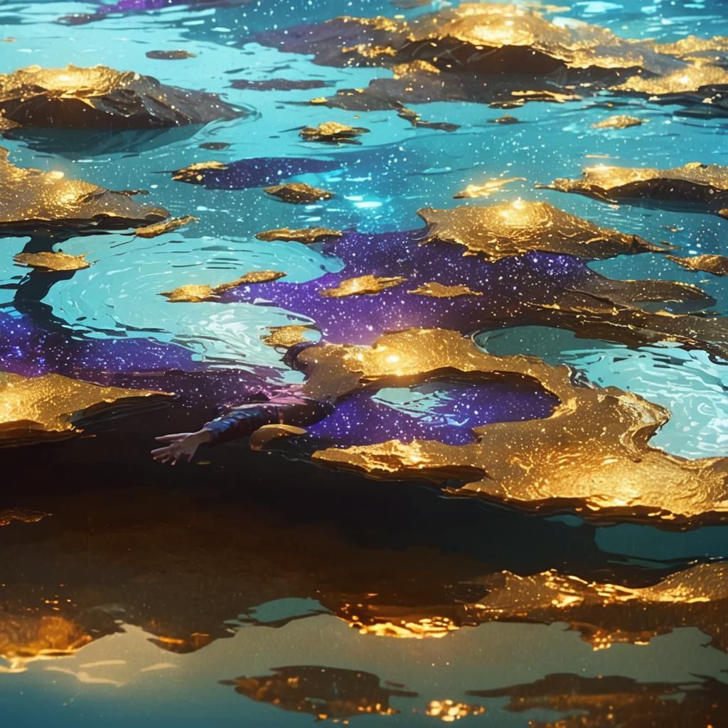 Person Treading Water in Dark, Futuristic Pool