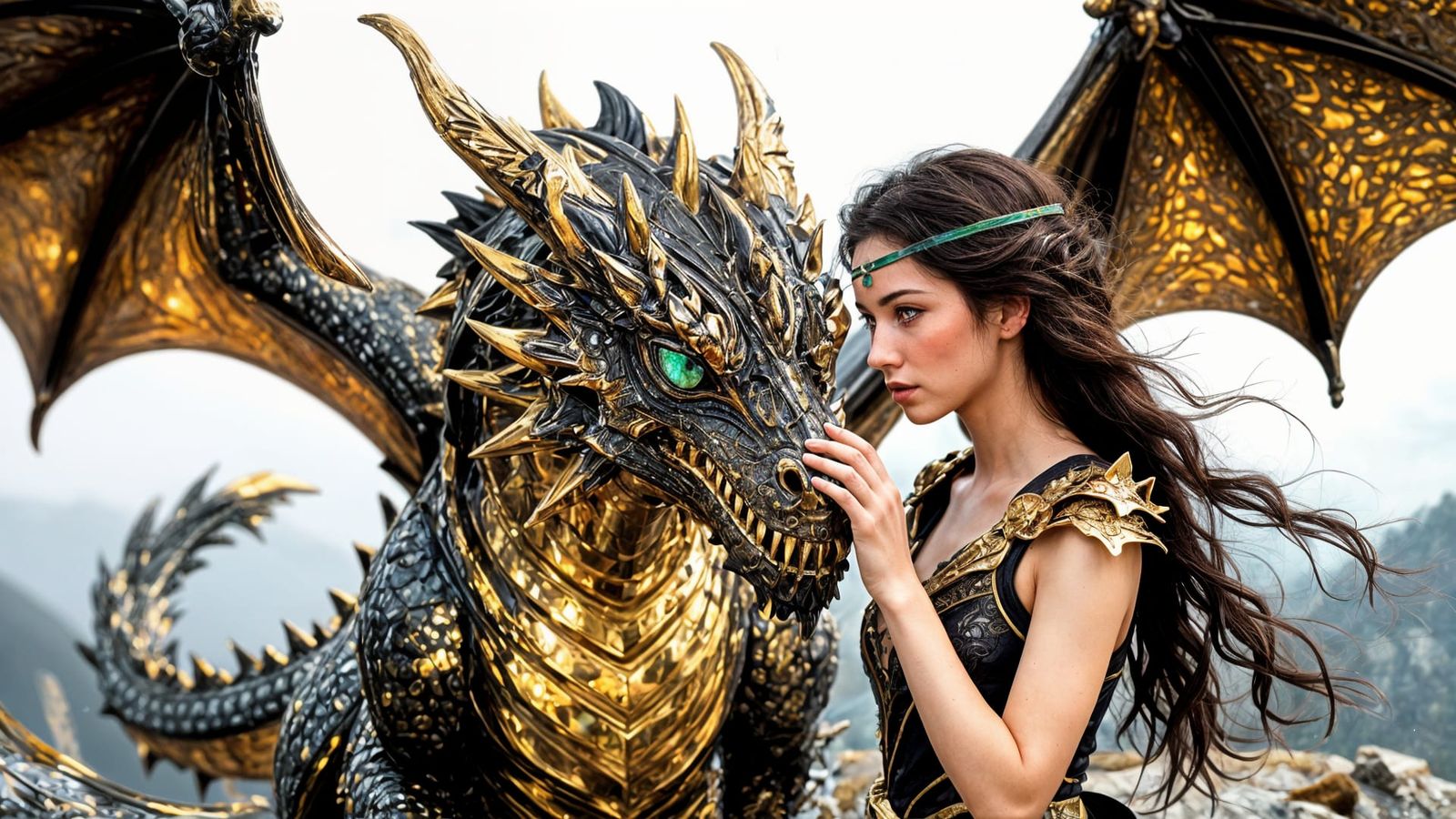 Fantasy Scene: Woman and Dragon in Hyperrealistic Detail