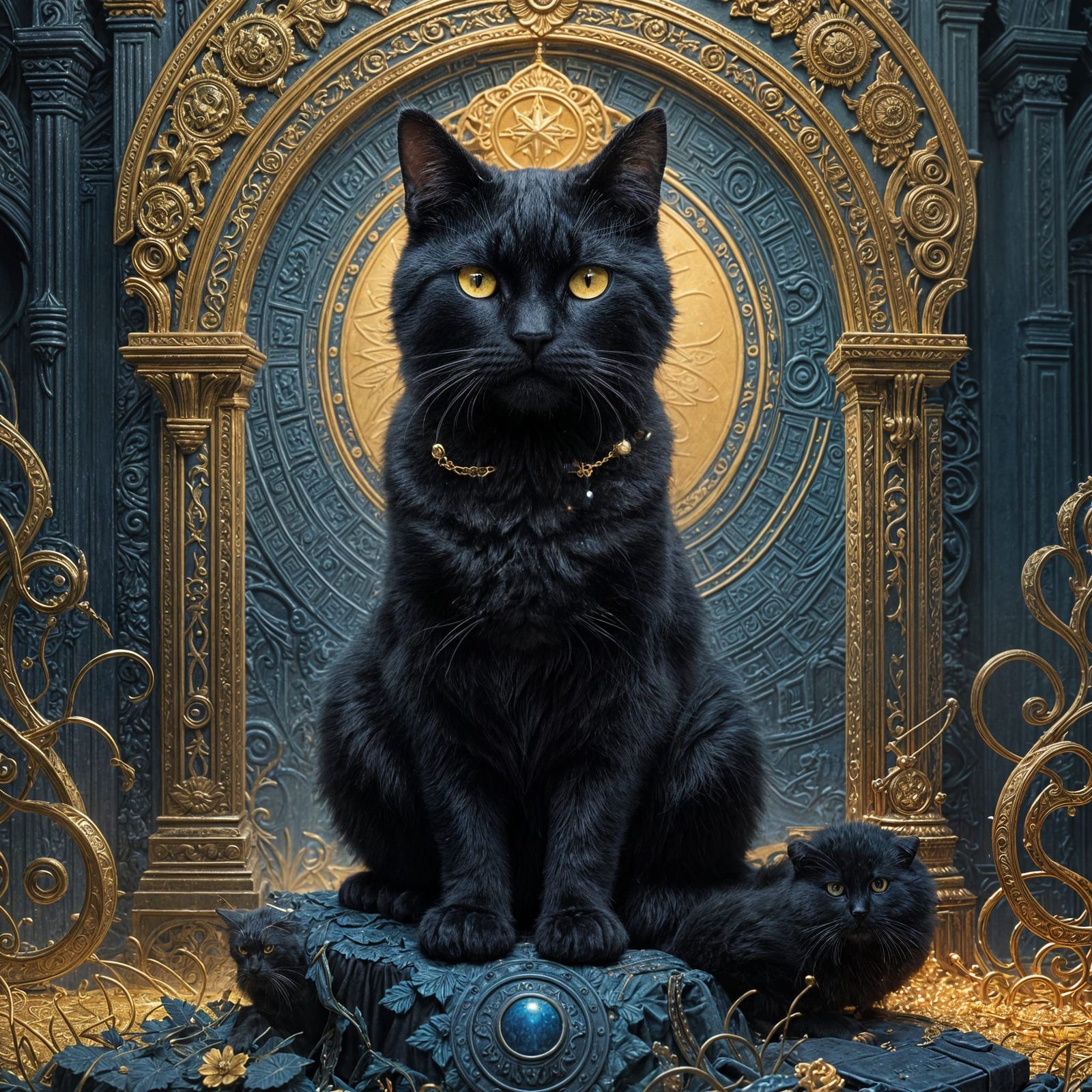 Mystical Black Cat Russian Orthodox Icon in Blues and Golds