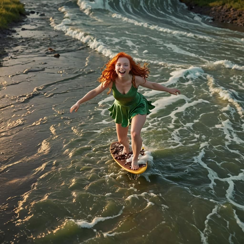 Dwarf Lady Surfing Chocolate Wave: Digital Art