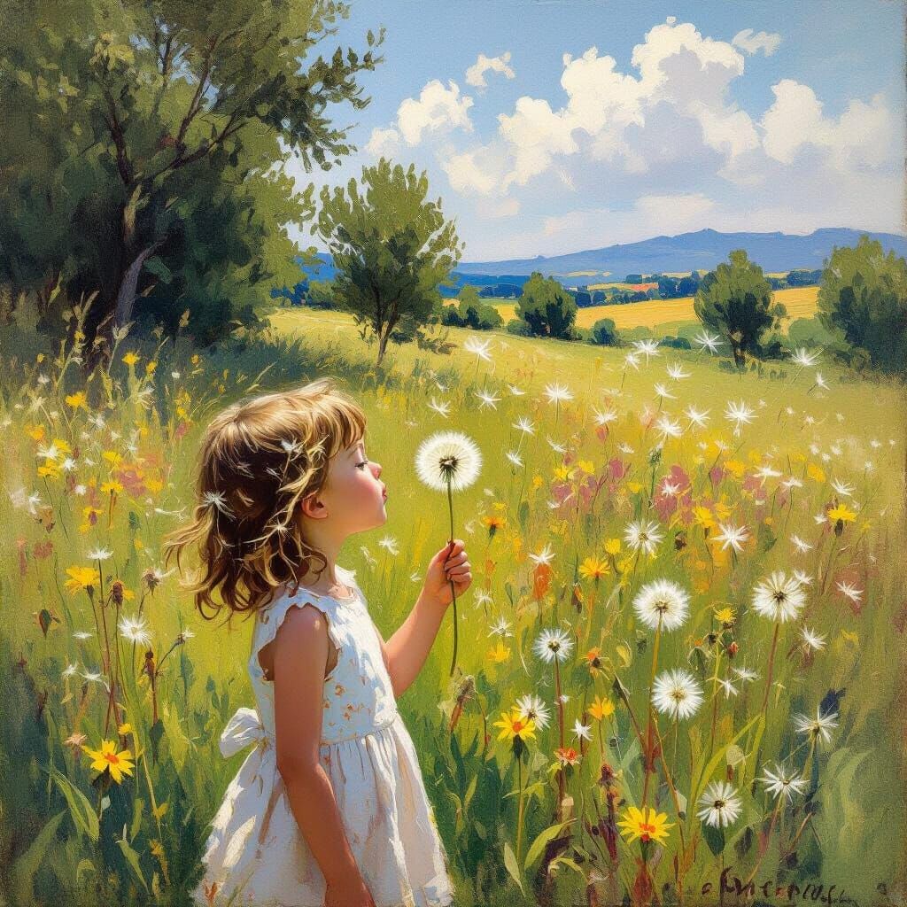 Child with Dandelion in Meadow, Impressionist Style