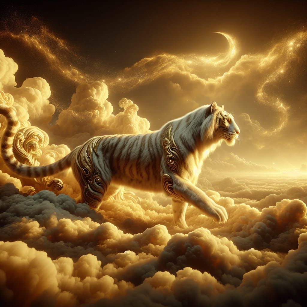 Mystical Golden Tiger in Cloudscape Sunset