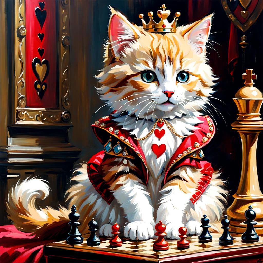 Queen of Hearts Kitty Chess Game: Oil Painting