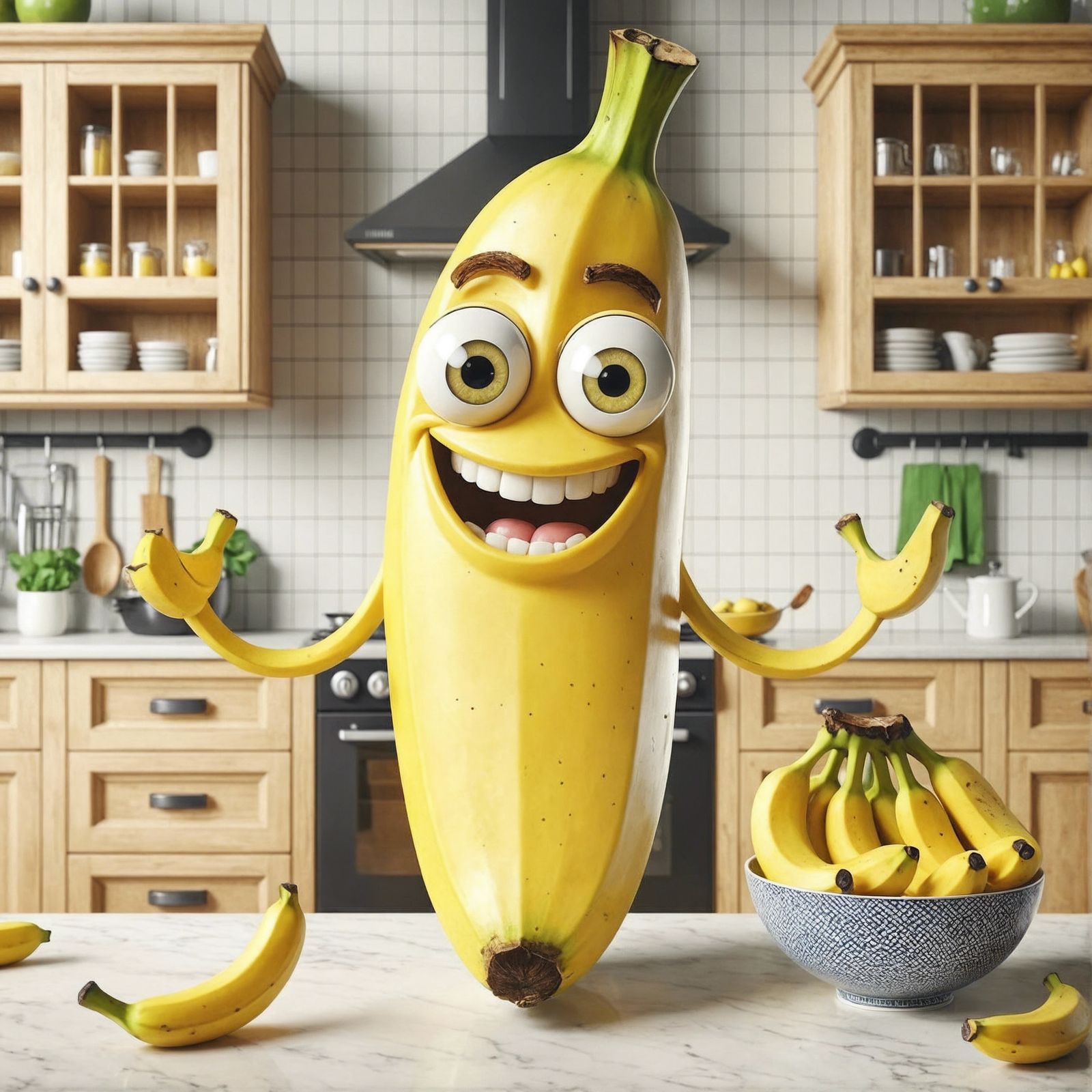 Animated Banana Character in Bright Kitchen Rendered in CGI