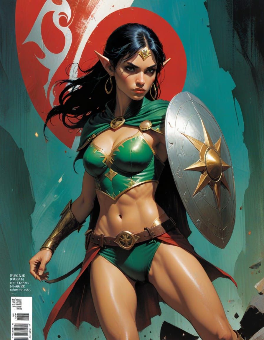 Vigilant Latina Elf Maiden Wields Ancient Shield in Daring C...