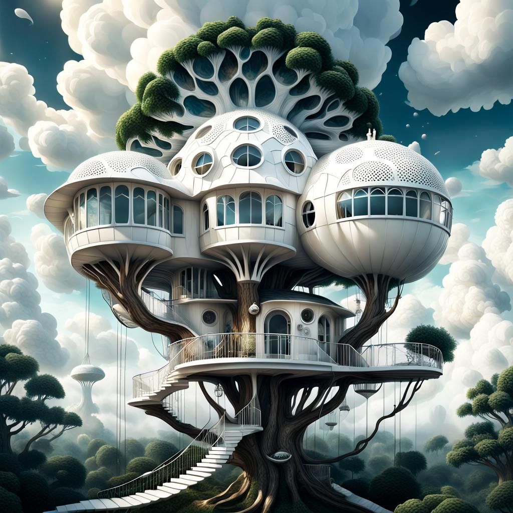 Futuristic Art-Deco Treehouse Floating in Clouds