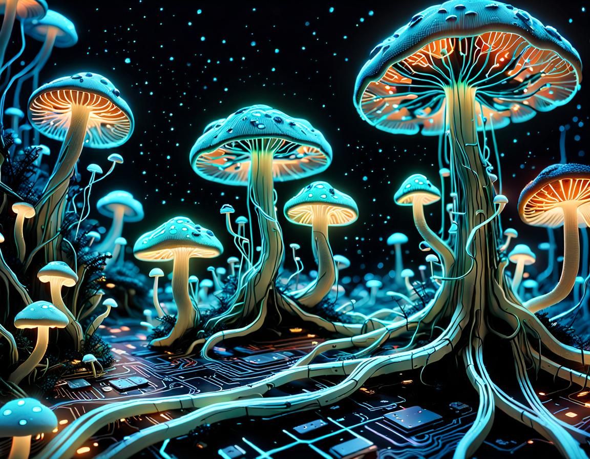 Bioluminescent Sci-Fi Art: Organic Motherboard Mycelium Netw...