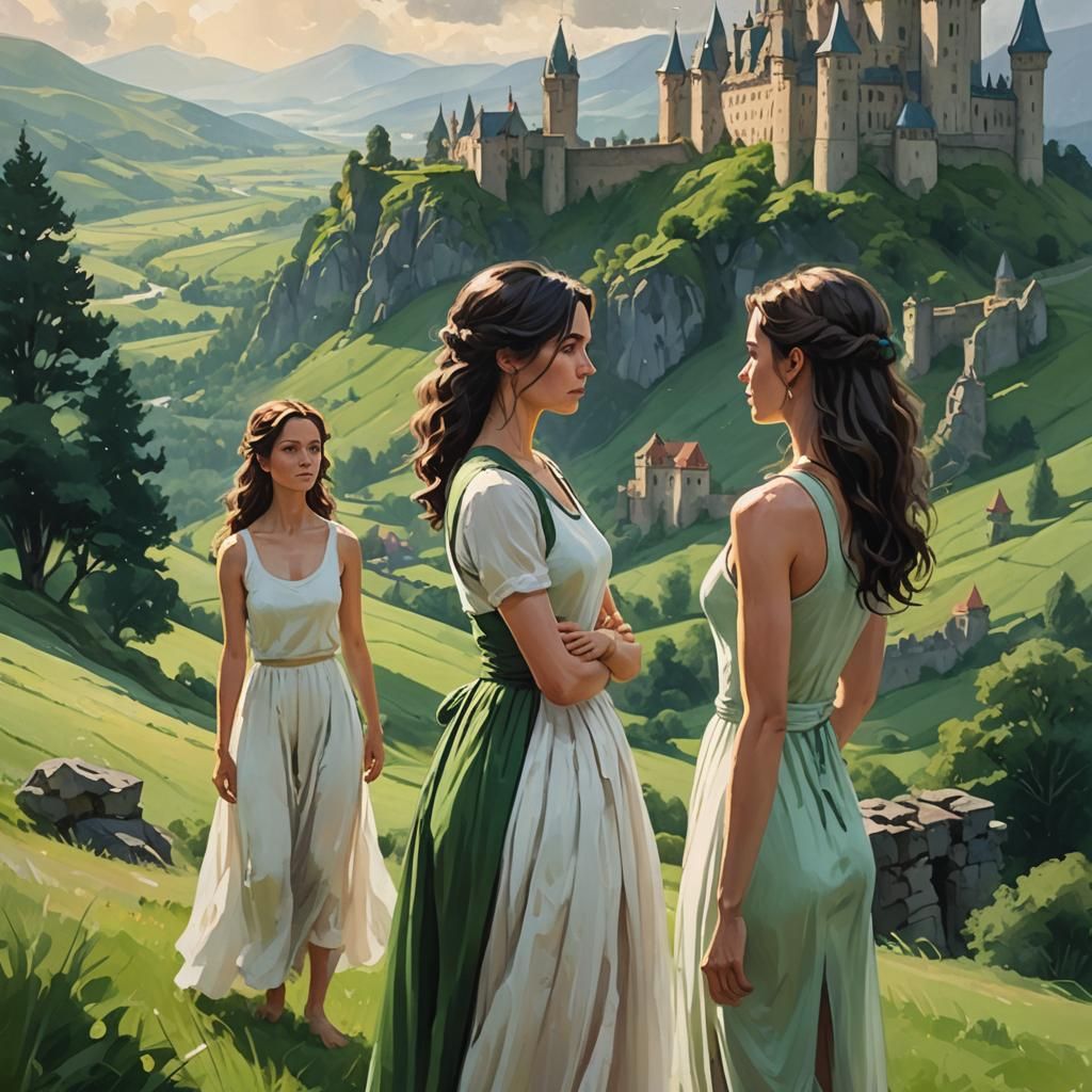 Two Women in Castle: Vibrant Oil Painting