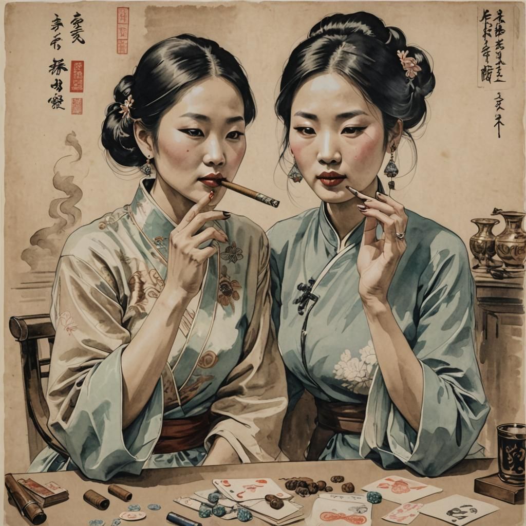 Chinese Woman Smoking Cigar: Ink and Pen Sketch