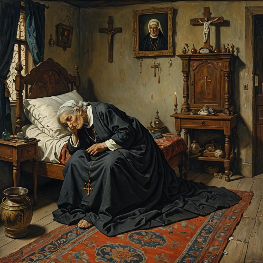 Depressing Oil Painting: Last Rites for an Old Woman