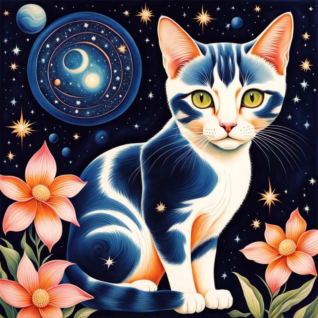 Psychedelic Art Deco Cat Among Swirling Stars