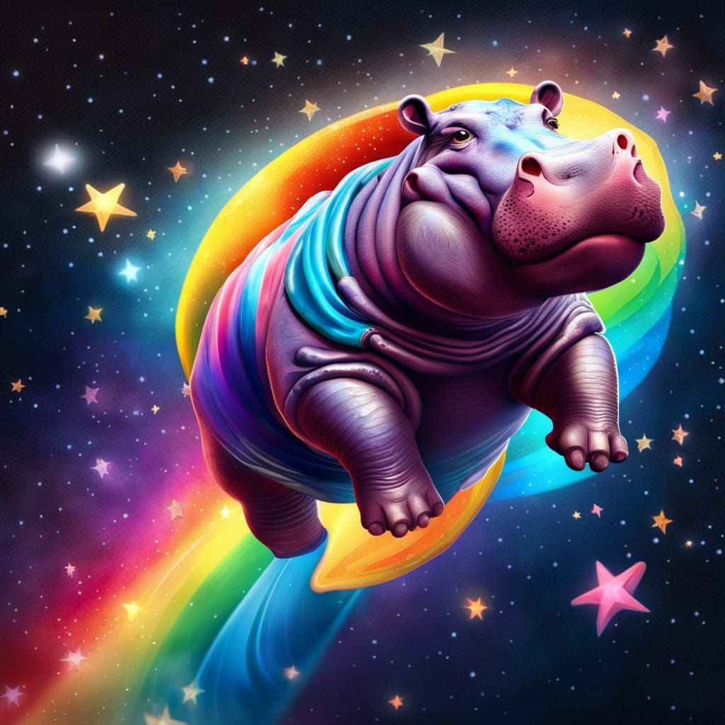Hippo Flies Through Space with Rainbow Cape