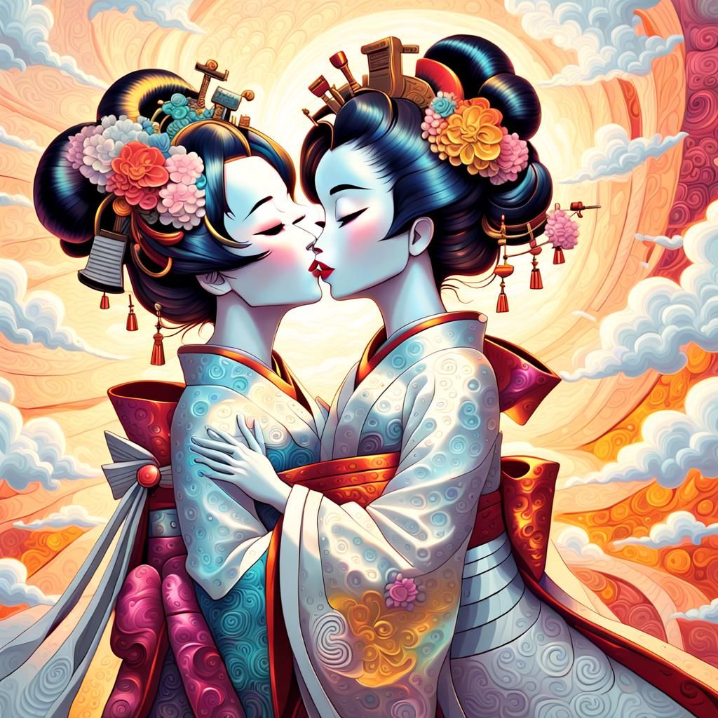 Robotic Geisha Kiss in Neo-Impressionist Style