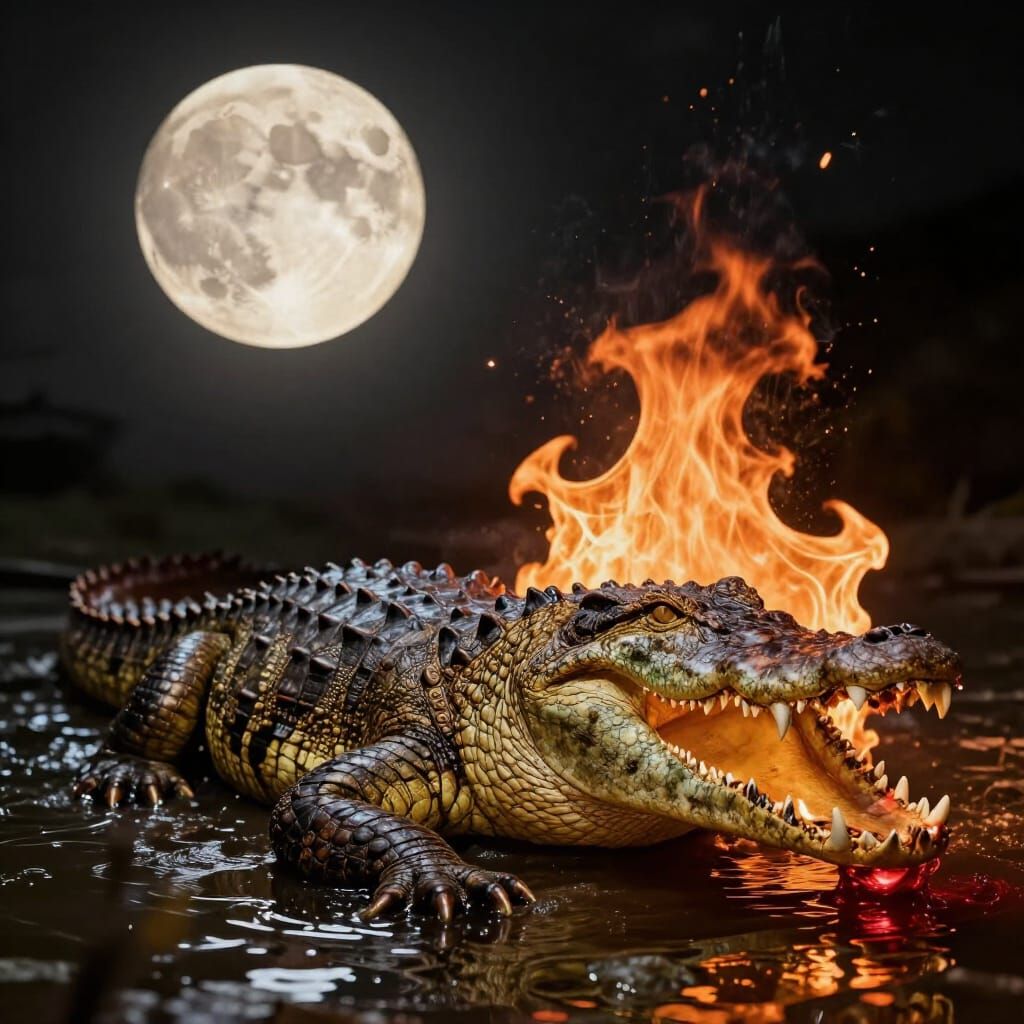 Giant Crocodile Swims Through Fire Under Full Moon