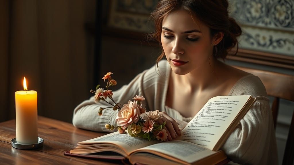 A Woman in Quiet Contemplation, Surrounded by Warm Candlelig...