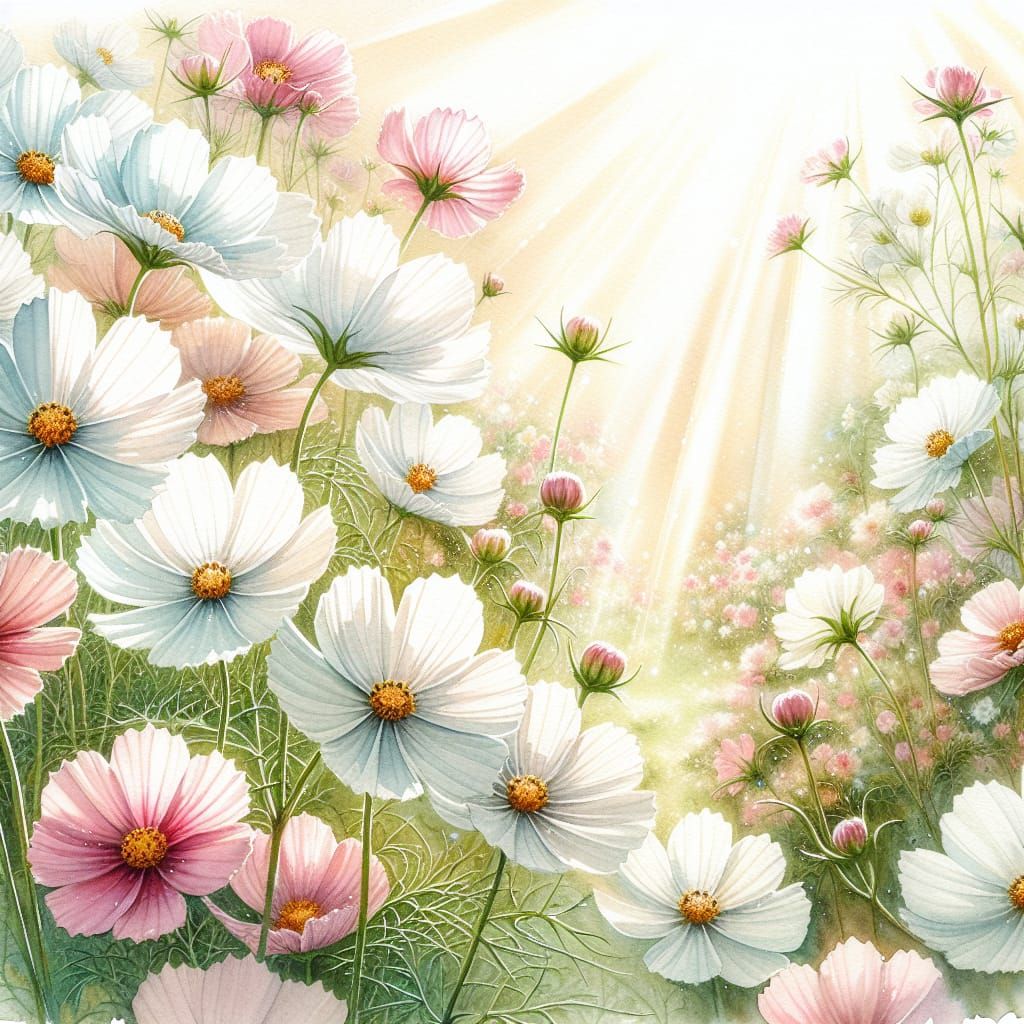 Vibrant Watercolor Cosmos Garden in Splendid Sunlight