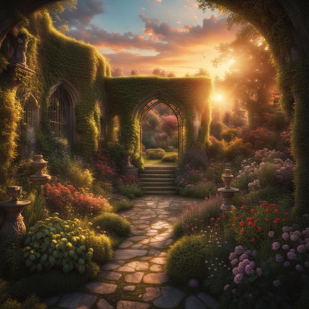 English Secret Garden at Sunset: Digital Matte Painting