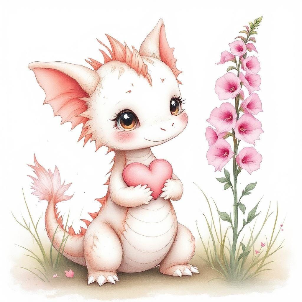 Cute Baby Dragon with Heart, Watercolor Sketch